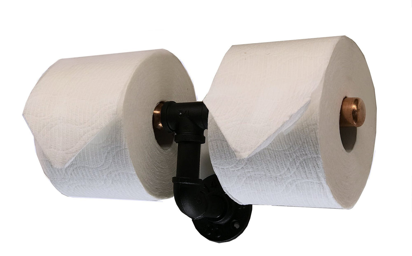 Toilet Paper Holder for 2 Rolls - Rustic Farmhouse Black Iron Pipe with Copper