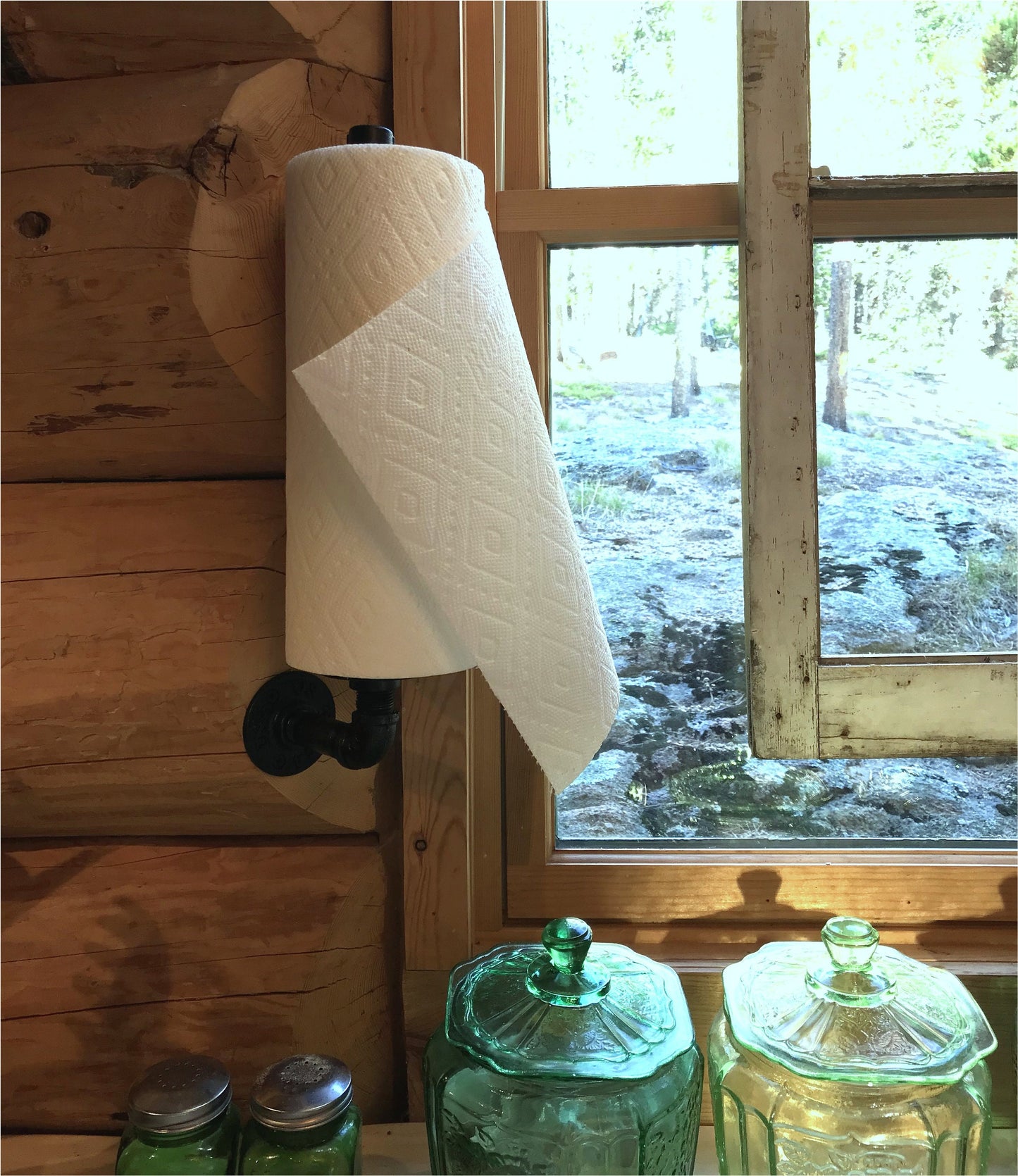 Rustic Black Iron Pipe Paper Towel Holder, Side-mount